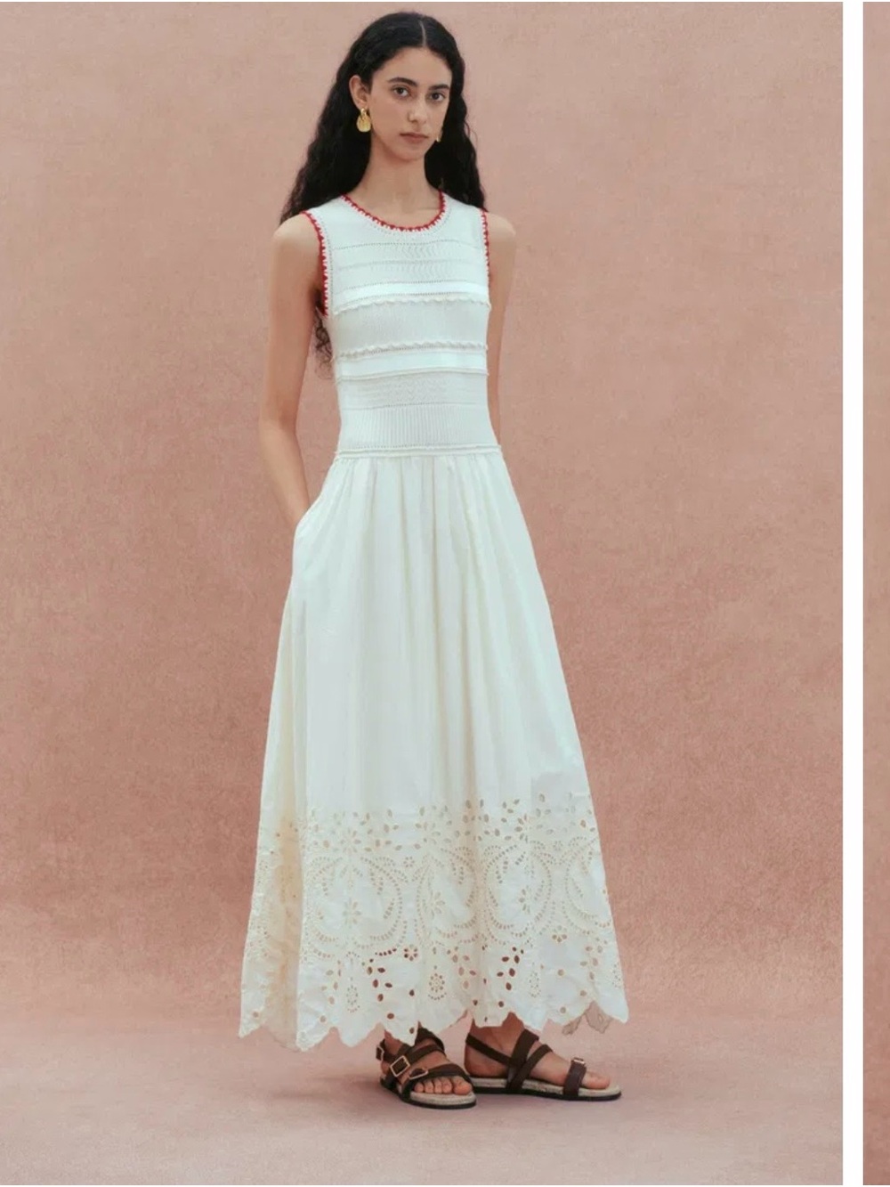Fabrique Sleeveless White Eyelet Maxi Dress with Contrast Trim